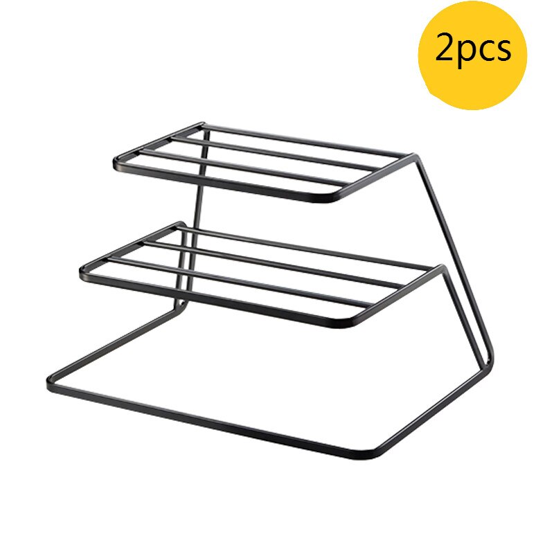 Kitchen iron three-tier dish rack cabinet layered shelf plate tableware storage organize drain: B-Black 2pcs