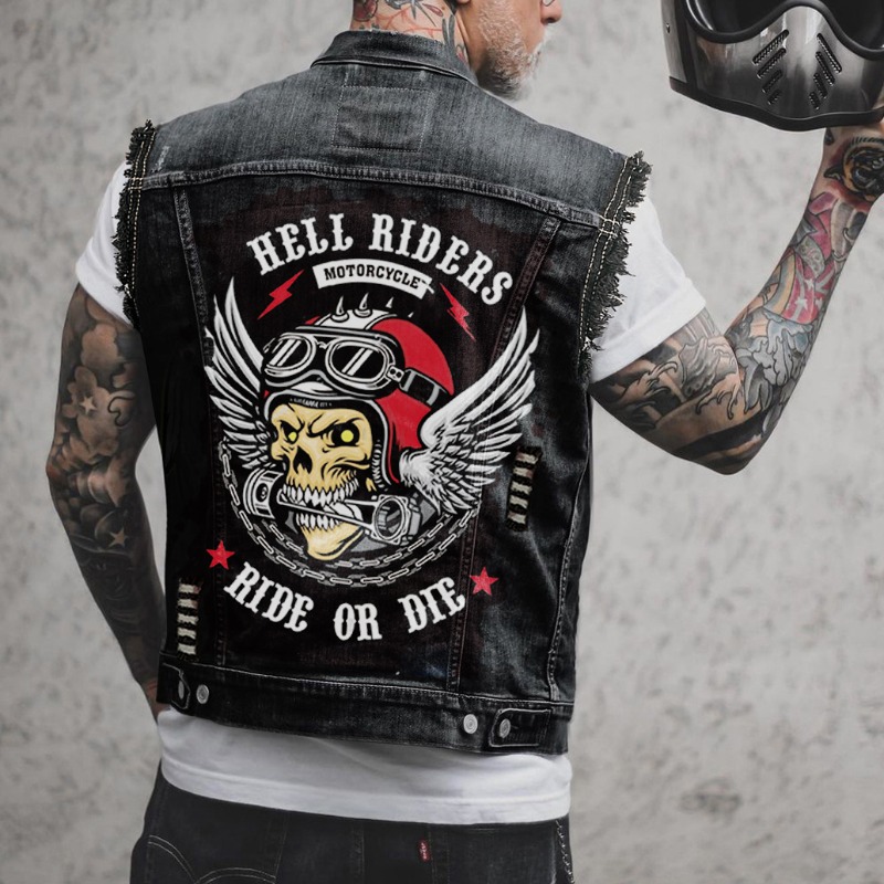 2024 nouvelle veste en jean pour hommes rétro moto veste en jean sans manches haute rue beau gilet de moto vêtements pour hommes: L' / noir