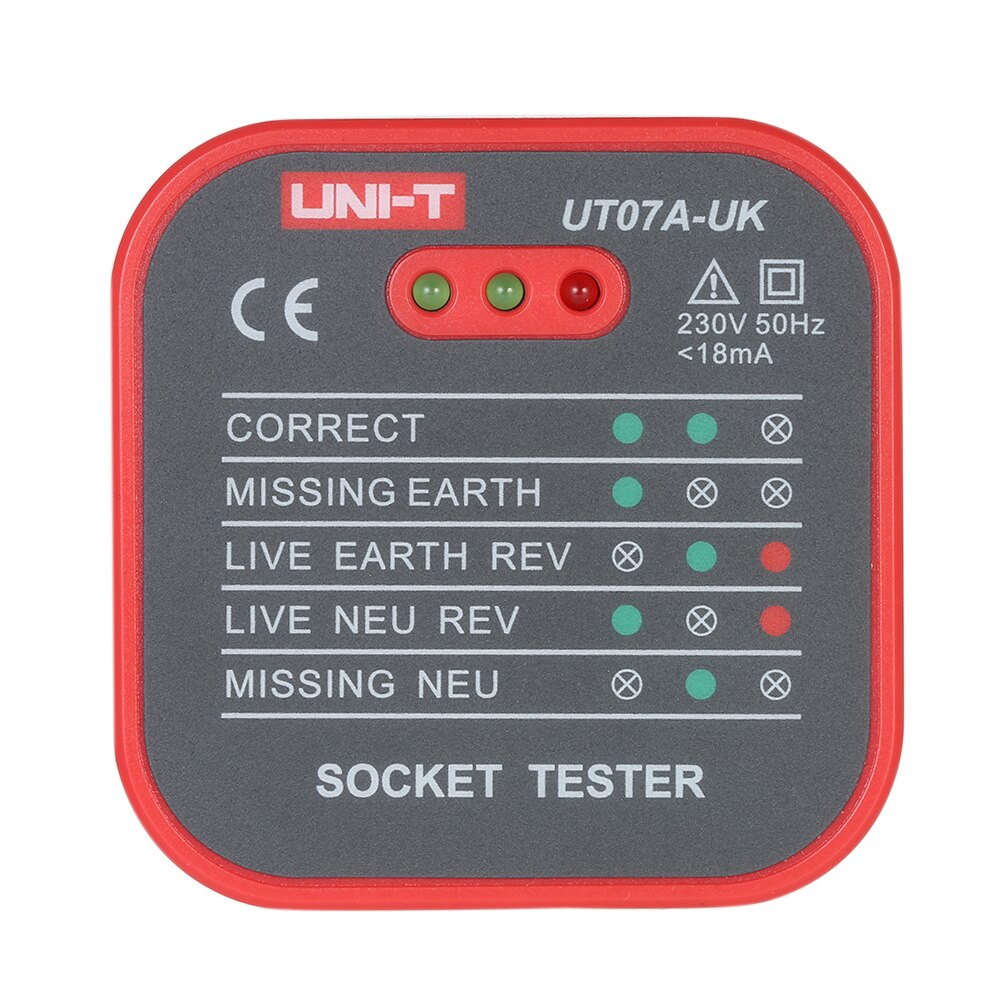 Uni-t  ut07a- uk socket tester fase strøm polaritetsdetektor jord nul neutral firewire socket elektroskop lækage