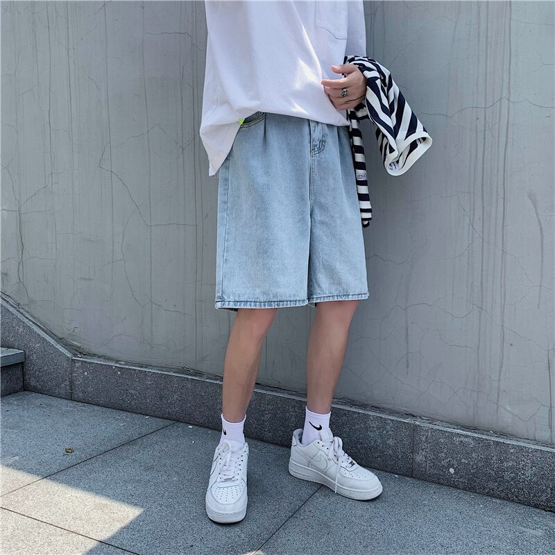 Summer Tooling Denim Shorts Men Korean Casual Loose Straight Denim Shorts Men Harajuku Streetwear Denim Half Pants Men