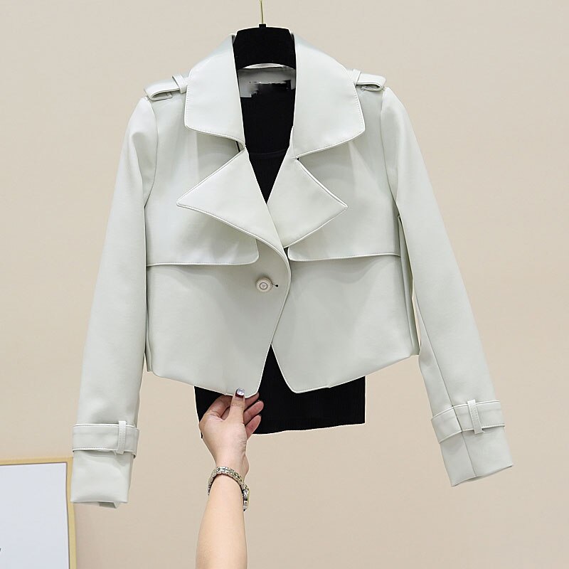 Veste coréenne en Faux cuir PU pour femme, manteau court violet à manches longues, Slim, doux, bouton unique, motard de rue, printemps,: Beige / S