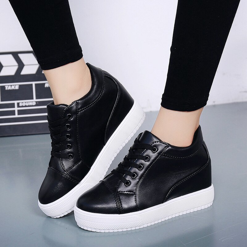 Platåsneakers damskor vita sneakers för kvinnor kilklackar sneakers fritidsskor kvinna höga platåskor dam sneaker: Svart / 3.5