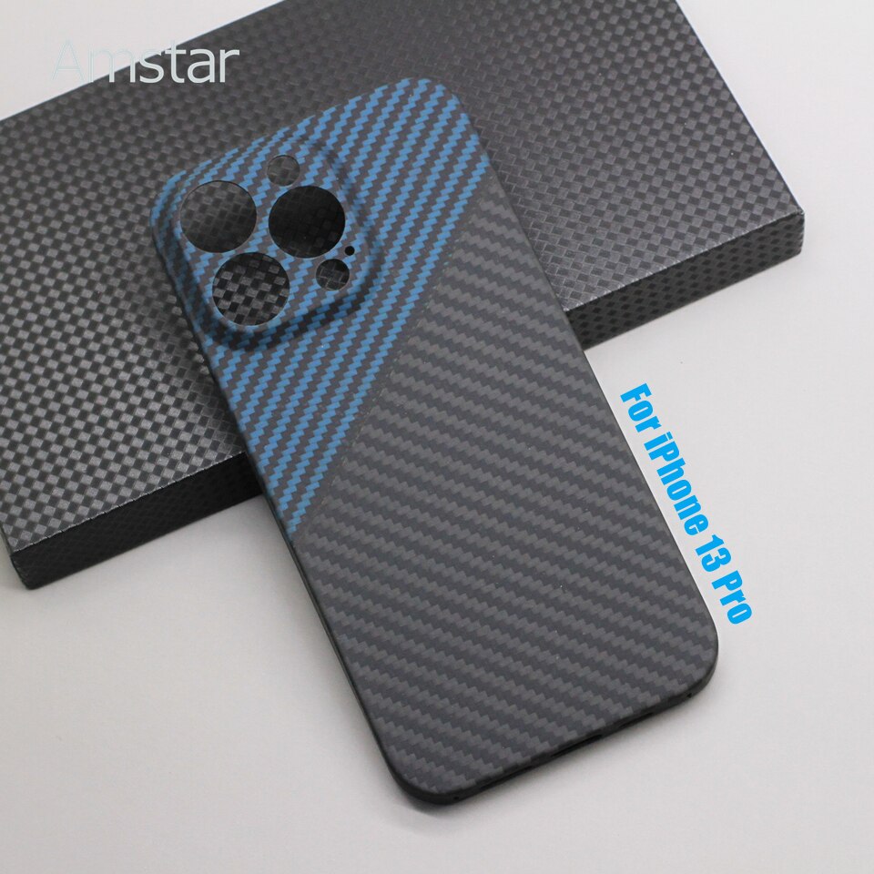 Amstar Blauw-Zwart Carbon Lens Wrap Telefoon Case Voor Iphone 13 Pro Max 13 Pro Ultra-Dunne Aramid Fiber Hard Cover