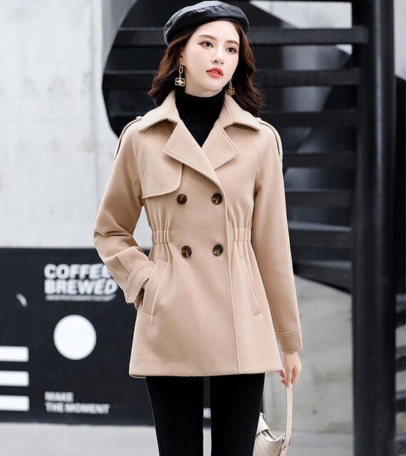 Manteau en laine pour femmes, , court, croisé, gris, Slim, veste pour femmes, automne: Beige / XL