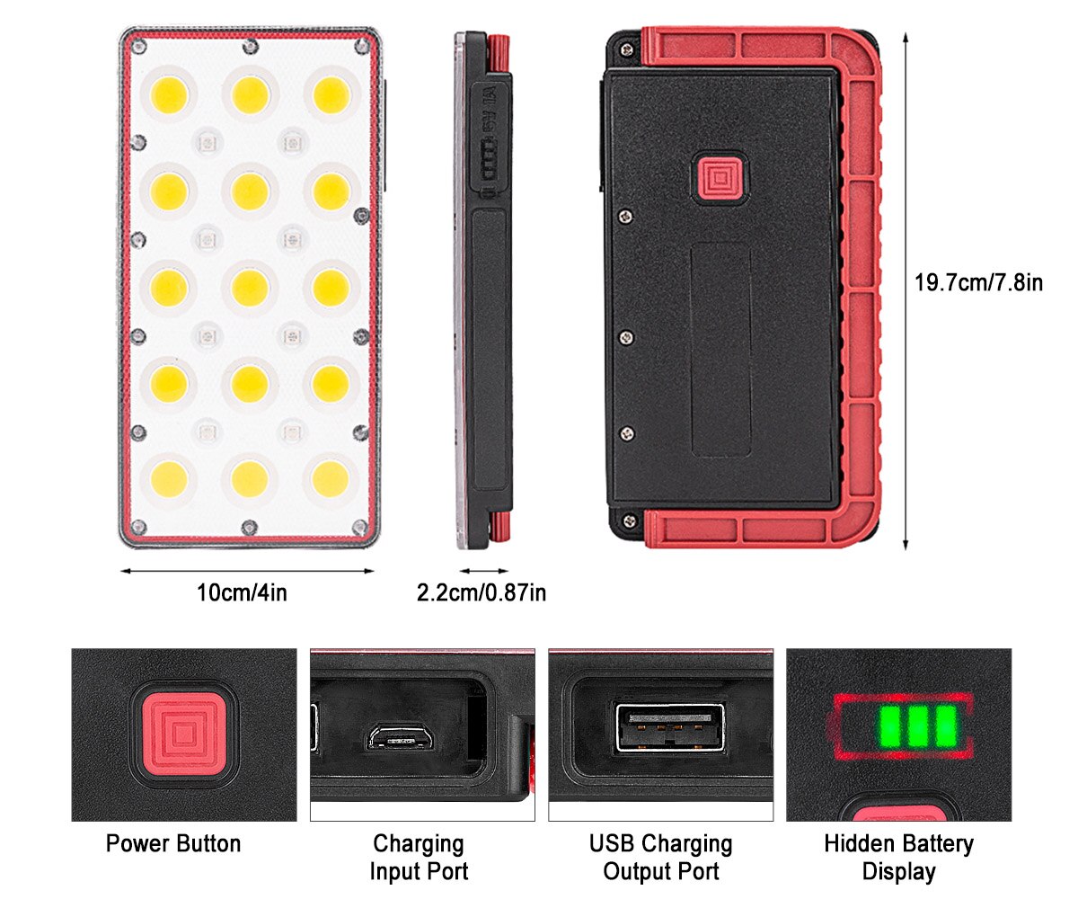 COB LED Work Light Rechargeable Flashlight USB Camping Light Portable Lantern With 180 degree Hanging Hook Power Display Outdoor