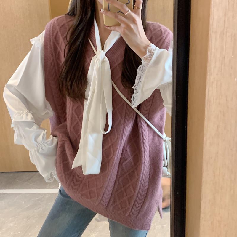 Genser vest rosa plissert svette kawaii studenter høst koreansk fritid løs kvinnelige gensere outwear preppy ins daglig