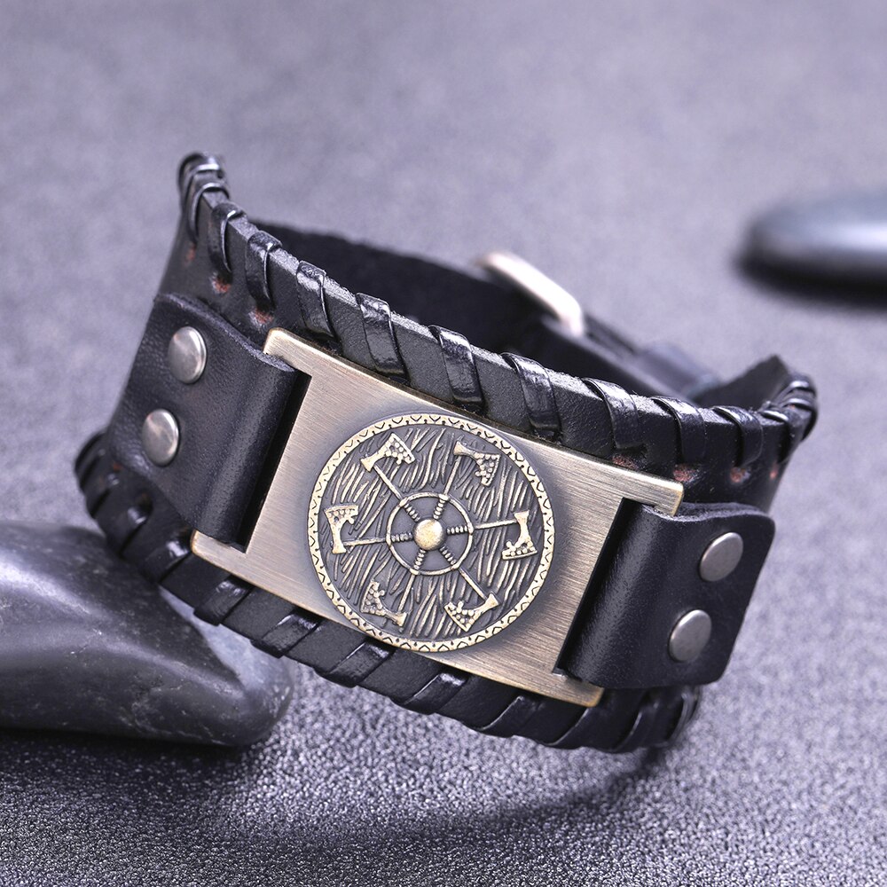 Skyrim – bracelet en cuir large avec pendentif de hache Viking, bijoux de la mythologie nordique, amulette Kolovrat esclave Wicca Pulseira