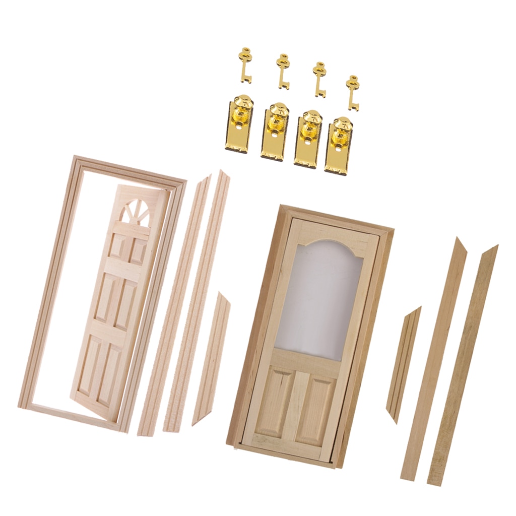1/12 Poppenhuis Miniaturen Houten Deur Set Unpainted & Metalen Deur Met Sleutels