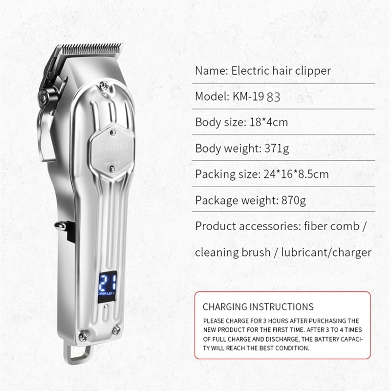 Kemei-1983 Barber All Metal Rechargeable Hair Clipper Electric Hair Trimmer Haircut Shaver Beard Trimmer Machine