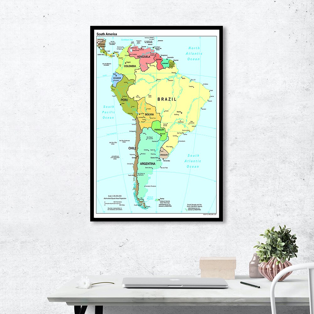 Mapa politico de América del Sur, lienzo pintado con Spray, arte de pared, póster para sala de estar, decoración del hogar, suministros escolares, 60x90cm