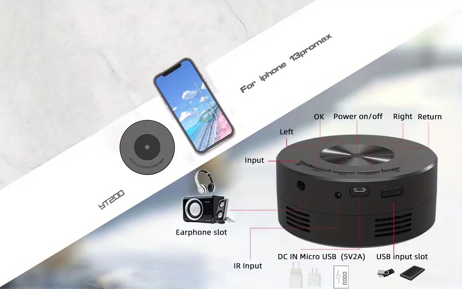 LED-Mini-Projektor für Heimkino, mobiler Video-Beamer, 1080p, USB-Synchron isations bildschirm, Smartphone-Beamer, yt200