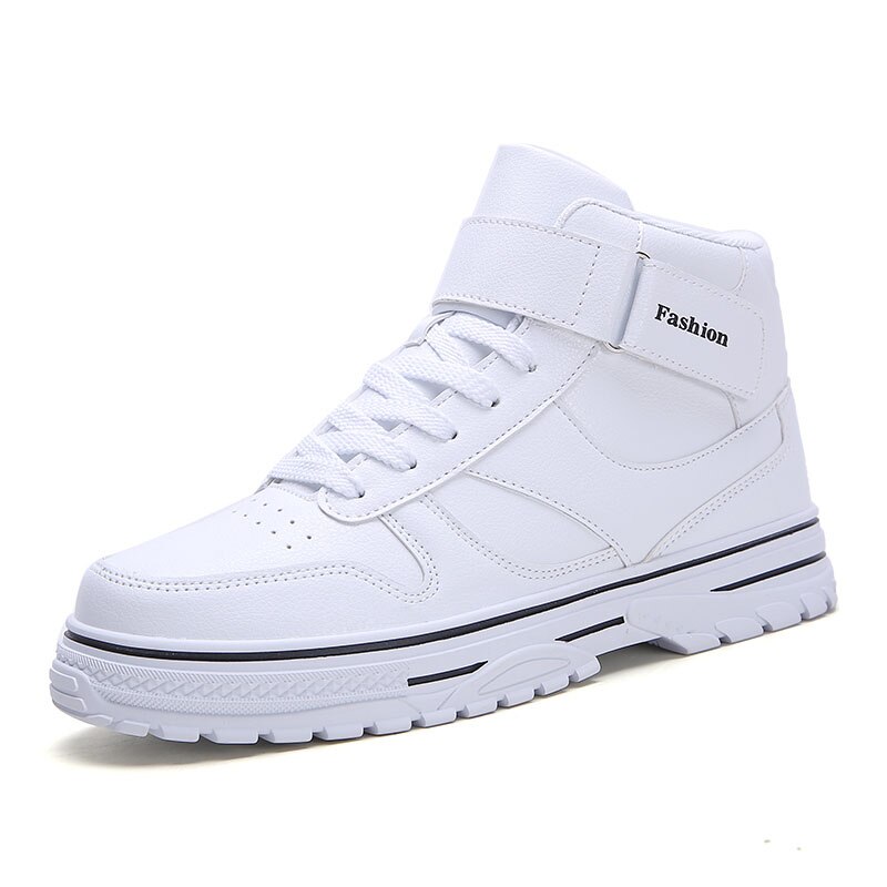 Winter Men's Leather High Cut Casual Shoes White Beige Ankle Boots Man: white / 7