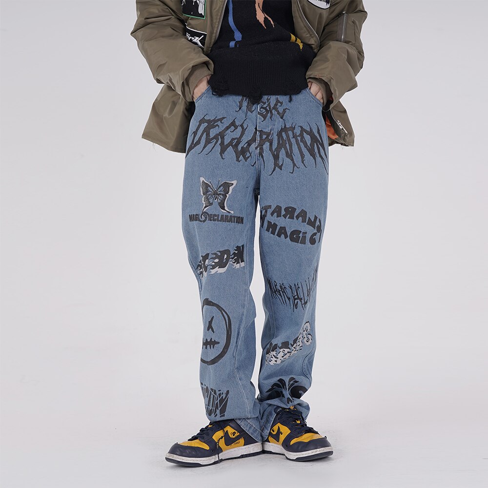 Spring Men's Clothes Graffiti Jeans Harajuku Hip hop Baggy Jeans Streetwear Black Goth trousers Y810