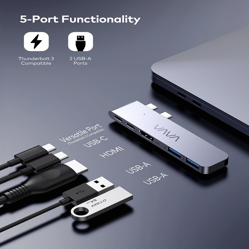 VAVA-concentrador de USB-C 5 en 1, adaptador de Monitor Dual, 5K, 60Hz, alta velocidad, USB 3,0, estación de acoplamiento, divisor, 100W, PD, carga para MacBook Pro