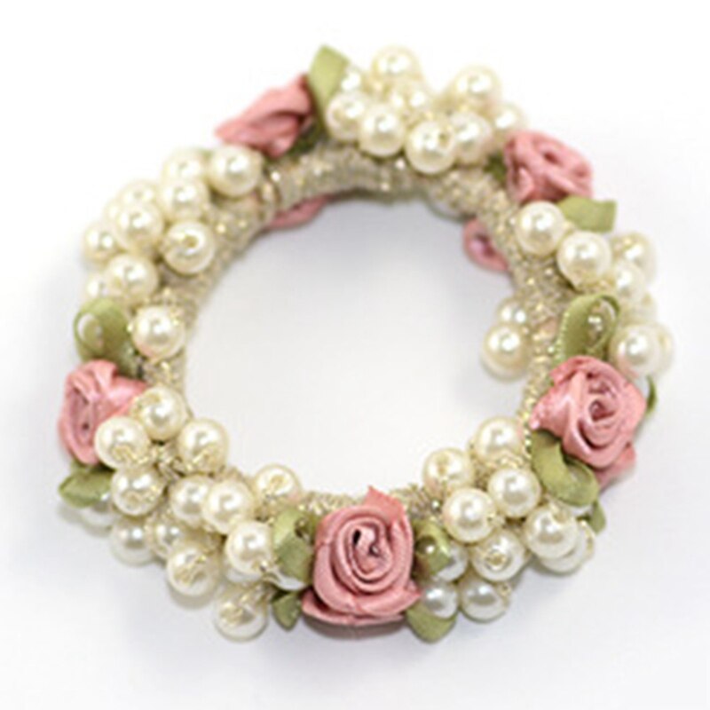 Koreanische Süße Neue Frauen Mädchen Blume Perlen Elastische Nachahmung Perlen Reize Gummi Headwear Haar Seil Zubehör