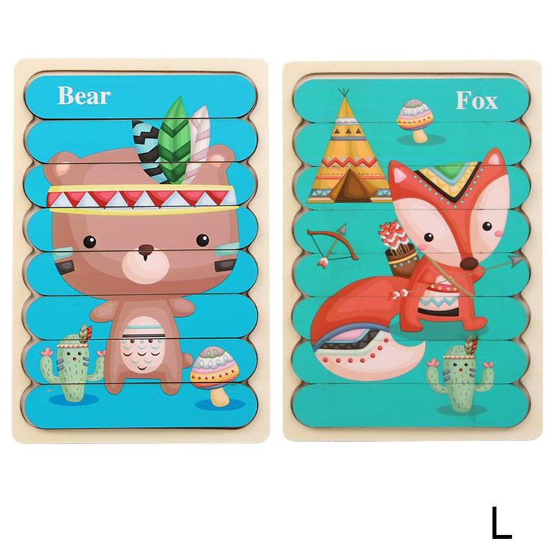 1pc Kids Wooden Toy Double-sided 3d Puzzle Stories Strip Puzzle Stacking Jigsaw Montessori Toy for Children Education: L