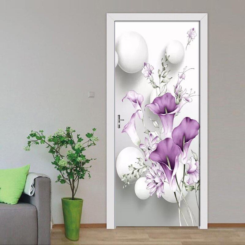 PVC Self-adhesive 3D Removable Wall Door Sticker Fresh Purple Calla Wallpaper Living Room Door Decor Decals DIY