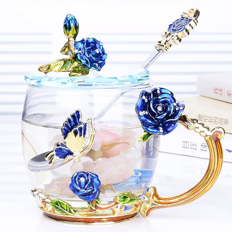 Blå rose emalje krystal te kop kaffe krus sommerfugl rose malet blomst vand kopper klart glas med ske sæt: 05