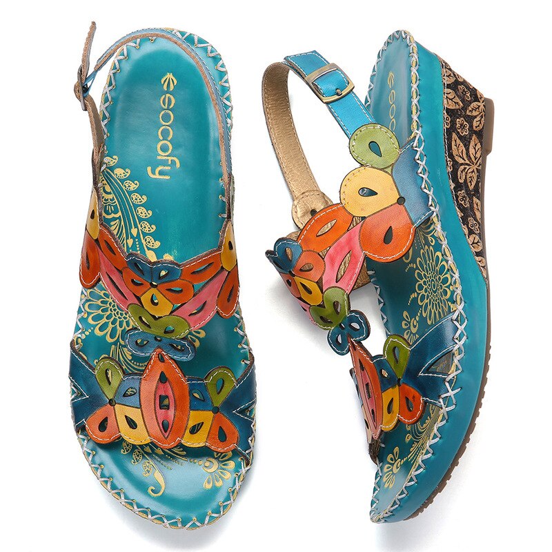 XNHN, Sandalias de verano para Mujer de talla grande con tacones medios, cuñas, zapatos de Mujer, Sandalias étnicas de piel sintética Vintage, zapato femenino