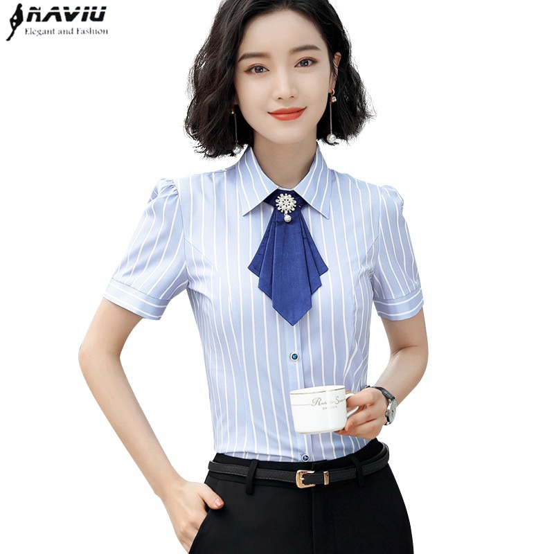 elegante fliege Frauen hemd OL Sommer formale kurzarm dünne Chiffon-streifen bluse büro damen Plus größe arbeiten Spitzen