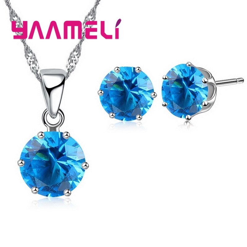 925 Sterling Zilveren Bruids Bruiloft Sieraden Sets Voor Vrouwen Engagement Crystal Hanger Ketting Oorbellen Set: sky blue