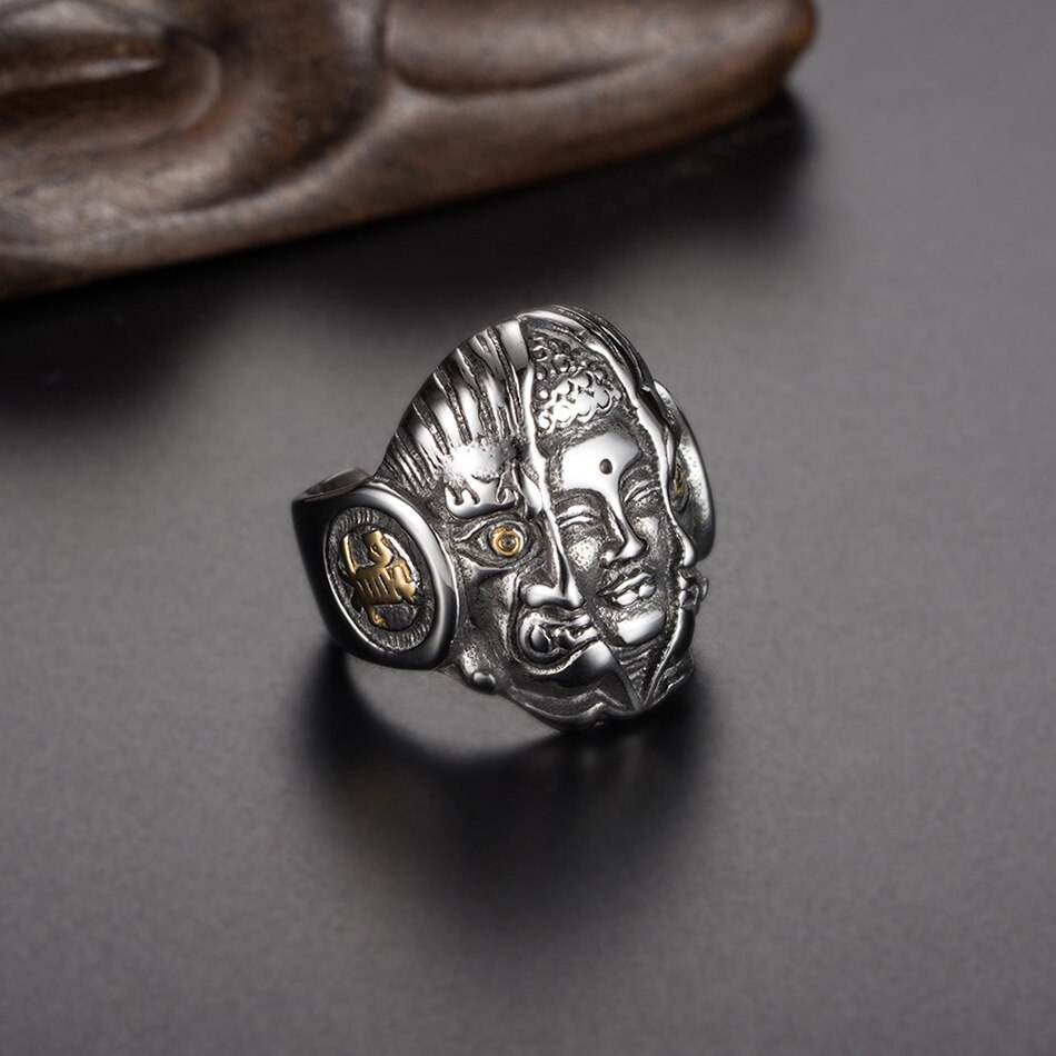 Liumo Punk Stijl Thailand Boeddha Devil Evil Skull 316L Rvs Man Biker Ring Lr331