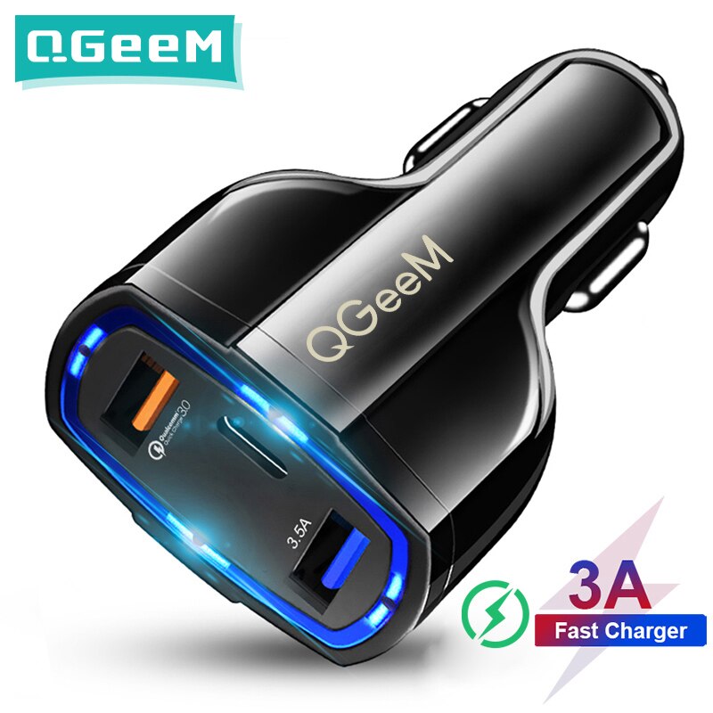 QGEEM QC 3,0 USB C Auto Ladegerät Schnell Ladung 3,0 Auto Schnelle Ladegerät Adapter Hammer 3 USB-C Tragbare Auto Ladegerät für iPhone Xiaomi: Nobel Black