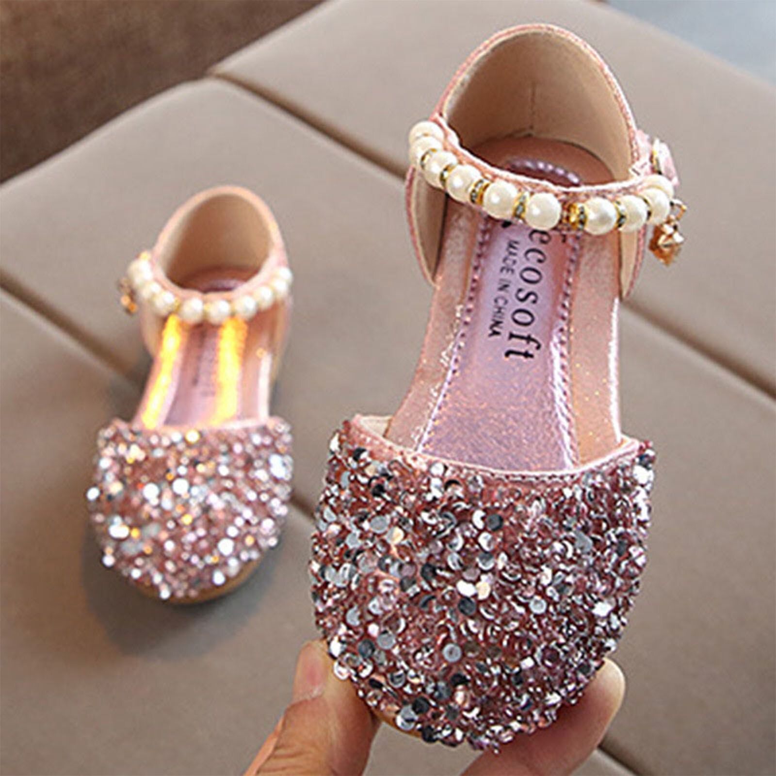 2022 Kids Meisjes Sequin Schoenen Zomer Leuke Parel Prinses Solid Lace Dans Enkele Casual Schoen Kinderen Bruiloft Schoenen