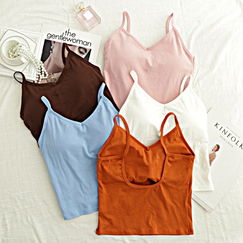 Women Cotton Basic Camisoles Female Cozy Spaghetti Strap Sexy Back Camis Solid Color Ladies Comfy Underwear