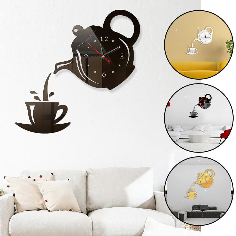 Home Premium Wall Clock Mirror Effect Coffee Cup Shape Decorative Kitchen Wall Clocks Living Room Home Decor
