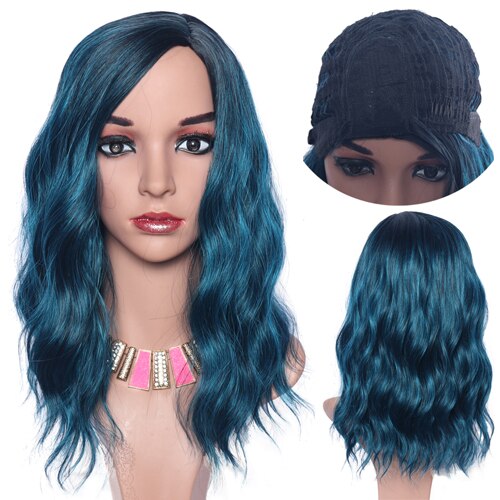 Czarne krótkie peruki z kręconymi włosami Natural Color Bob peruki dla kobiet 16 "syntetyczne włosy damskie zastępują tanie peruki: Mix Blue