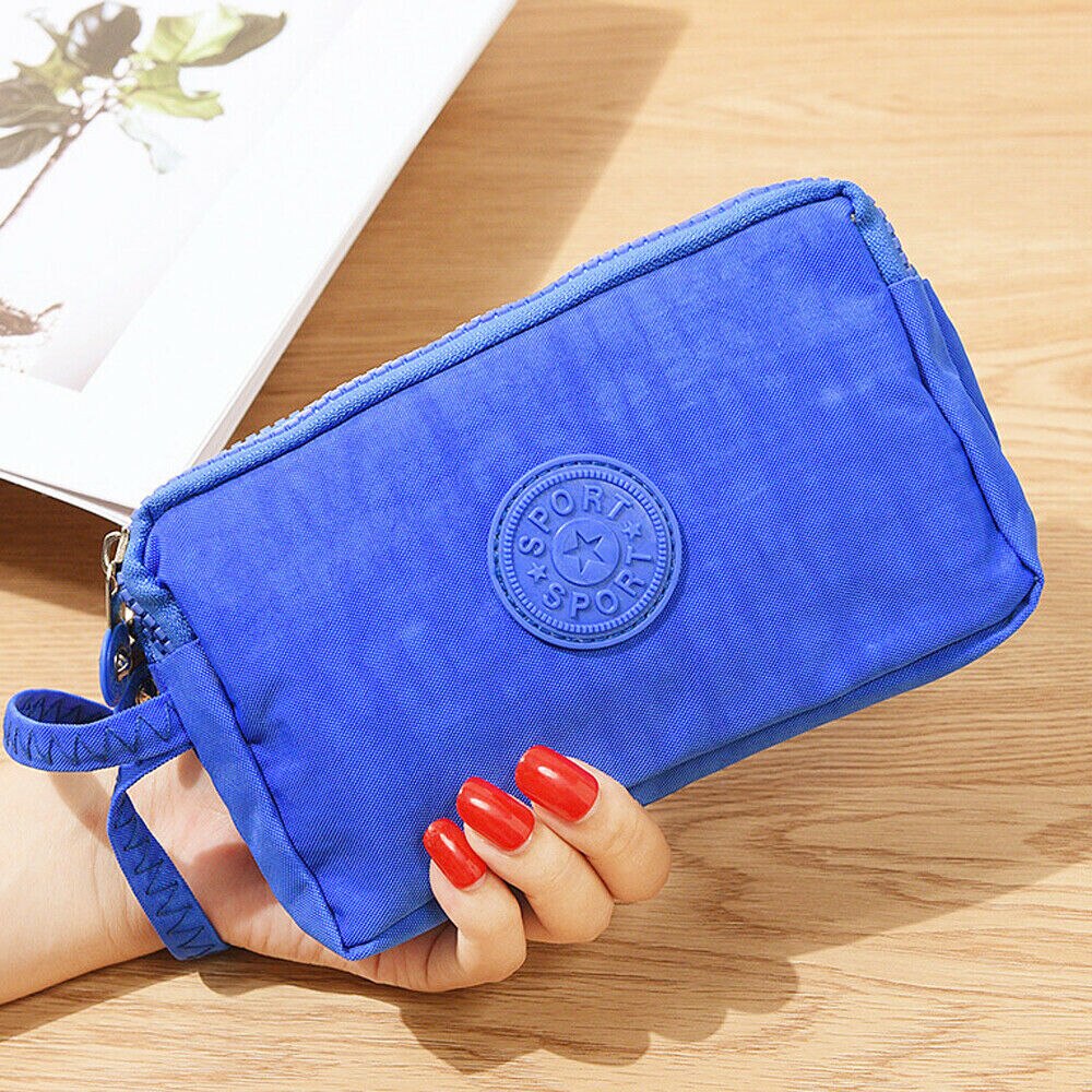 Kvinders solide 3 lag lærred telefonpose kort tegnebog tre-lags lynlås møntkort nøglepung: Dyb blå