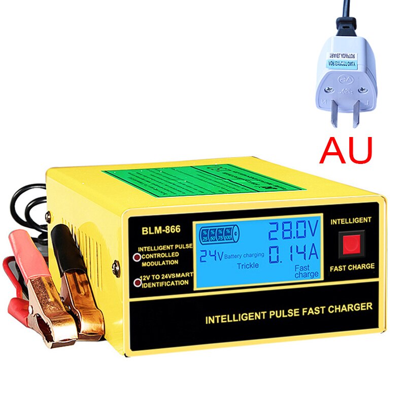 English LCD Display Full Automatic Car Battery Charger 150V/250V To 12V 24V Smart Fast Power Charging For Wet Dry Lead Acid: AU-Yellow