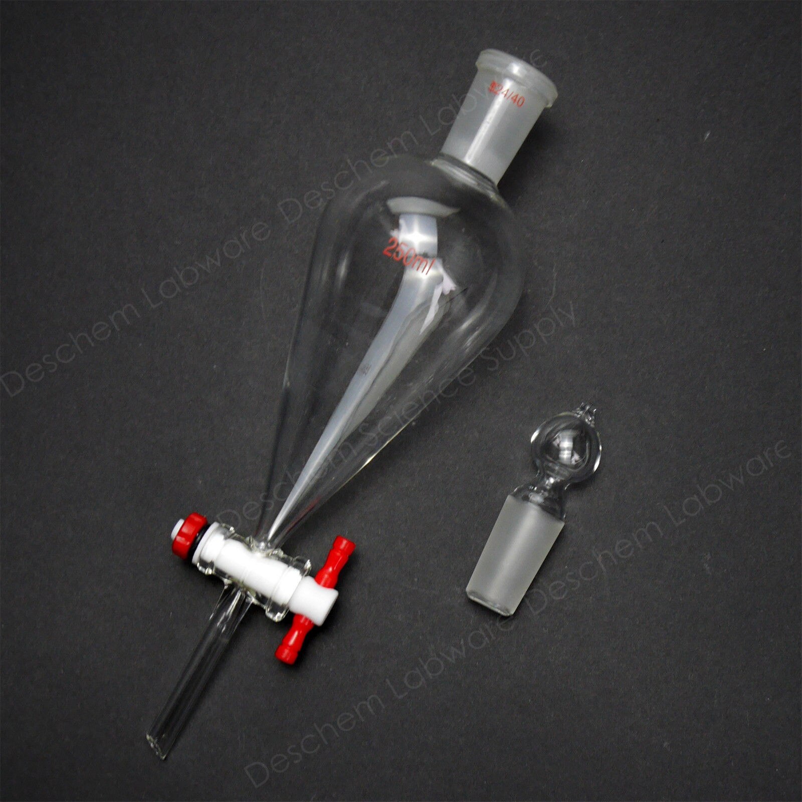 250ml,24/40,Glass Separatory Funnel,Pear Shape,PTFE Stopcock,Straight Tube