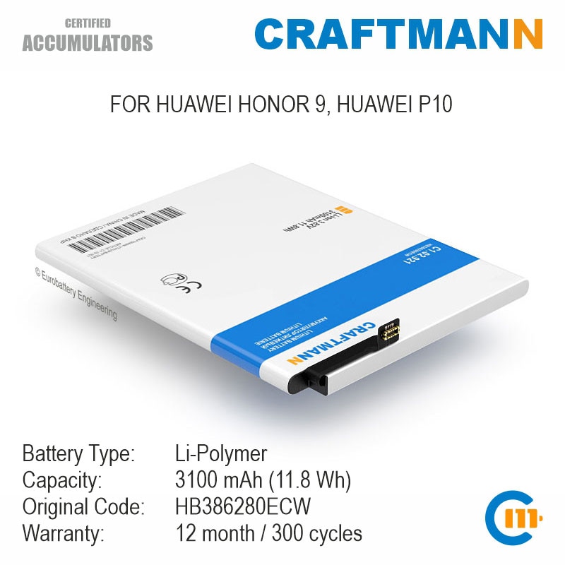 Vervangende Batterij 3100Mah Huawei Honor 9, Huawei P10 (HB386280ECW)