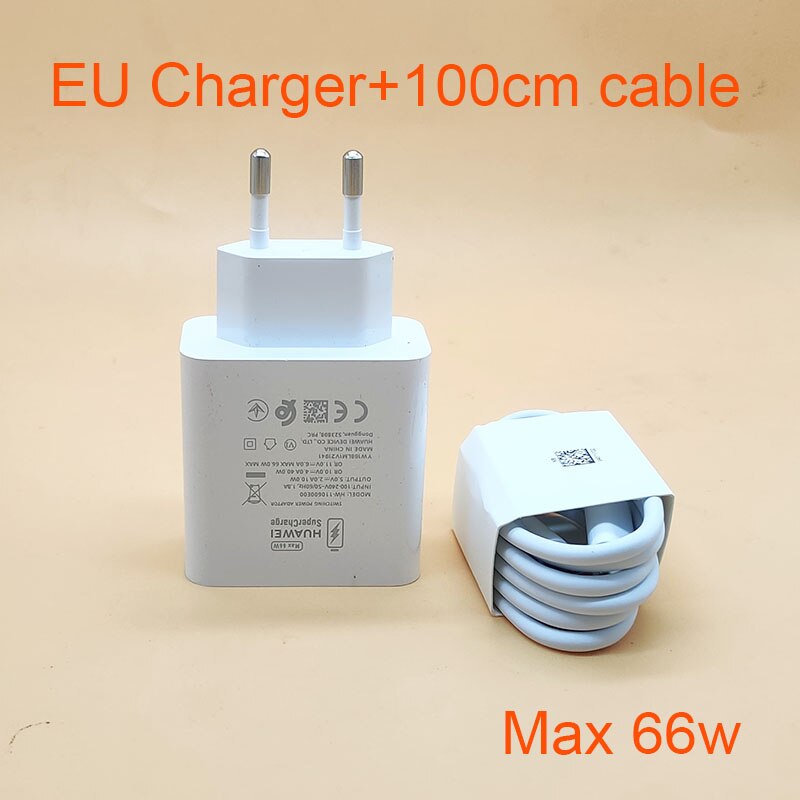 Original HUAWEI Charger 66W Fast charge adapter SuperCharge USB 6A Type C Cable For p50 p40 Mate 40 pro honor 50 nova 9 magic 3: EU Charger and Cable