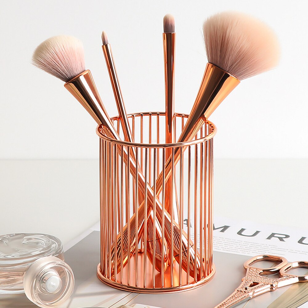 Nordisk hul metal rosa guld makeup børste opbevaring spand ins skønhedsværktøj børste opbevaring tube desktop penholder iron art cvs: B