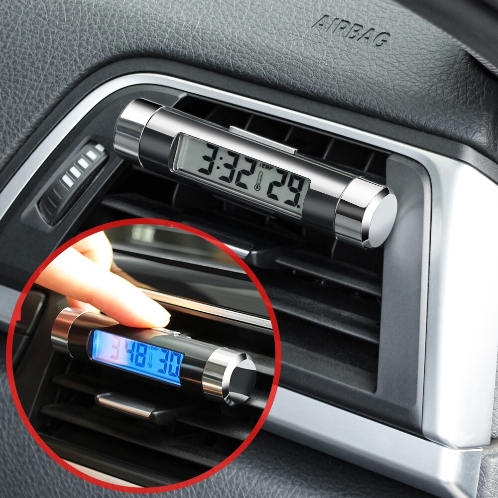 Reloj Digital LCD portátil 2 en 1 para coche, pantalla de temperatura, termómetro, retroiluminación azul automotriz con Clip