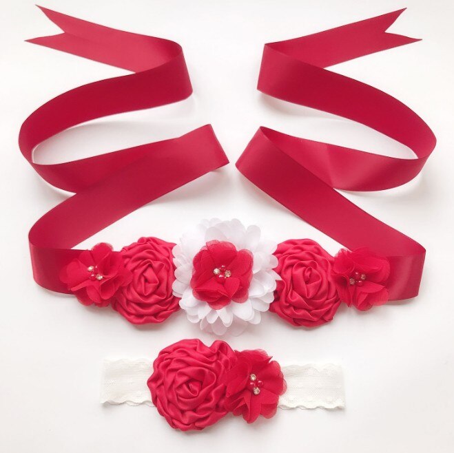 Boda de cinturón faja Floral cinturones de vestido para mujer de la boda de novia de flor Flor de cinta de raso cinturón con diadema bebé: Rojo