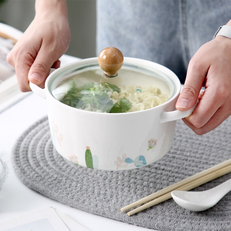 Keramische Instant Noodles Kom Met Deksel Nordic Grote Slaapzaal Instant Noodles Cup Kom Eetstokjes Set Huishoudelijke Gemak Doos