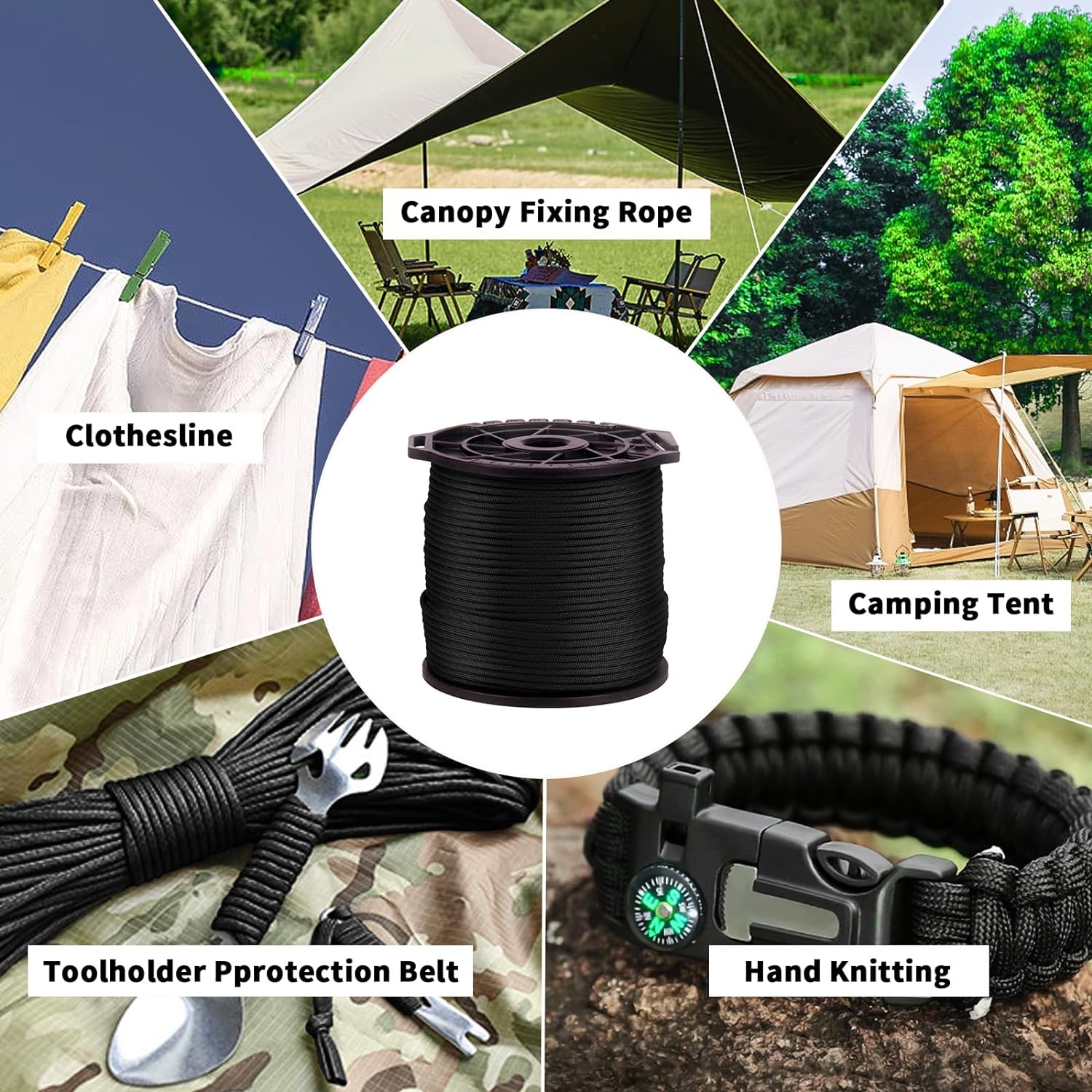 650 Paracord 9-strängiges 4 mm Fallschirmseil mit multifunktionaler Spulenrolle für DIY-Herstellung von Schlüsselband-Armbändern, Hundehalsband, Zeltseil