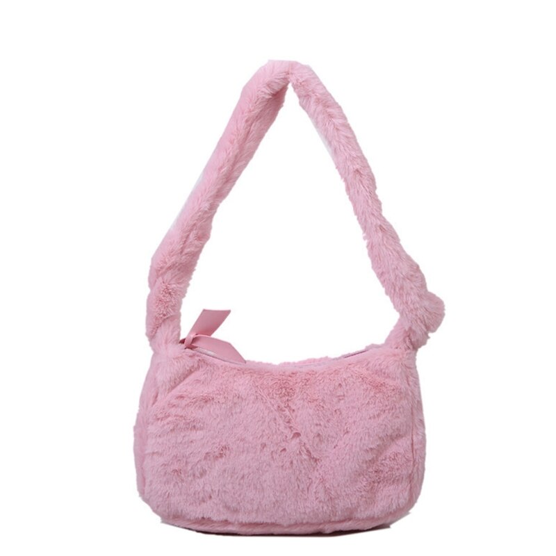 Mulheres de pelúcia ombro underarm saco macio outono inverno moda fofo feminino compras tote cor sólida casual zíper fuzzy bolsa