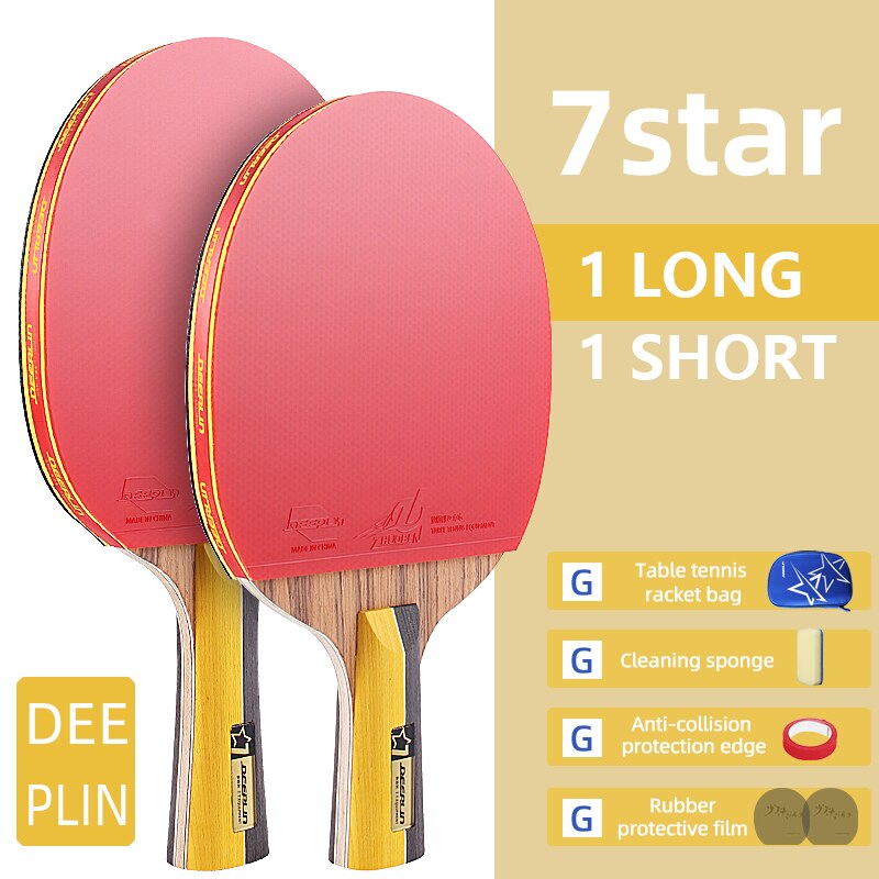Ping Pong Rackets Short Long Handle Carbon Blade Rubber With Double Face Pimples In Tennis Table Racket With Case: 7star 1 long 1 short
