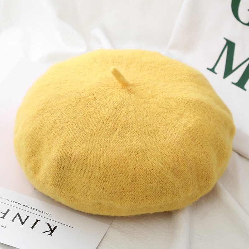 21 Kleuren Lady Herfst Winter Baret Hoed Schilder Hoed Vrouwen Wol Vintage Baretten Effen Kleur Caps Vrouwelijke Motorkap Warme Wandelschoenen cap: YELLOW