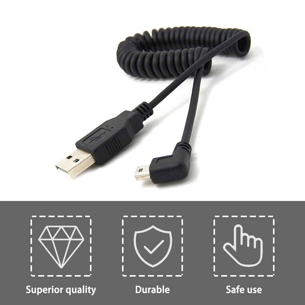 Câble adaptateur spiralé coudé à 90 degrés usb 2.0 a mâle 1pc mini usb 5 broches pour appareils photo numériques  mp3 lecteurs ccc
