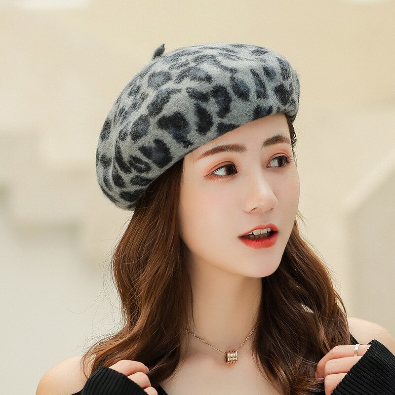 Caluriri Leopard Pattern Warm Wool Winter Thick Wool Women Girl Beret French Artist Beanie Hat Cap For Female
