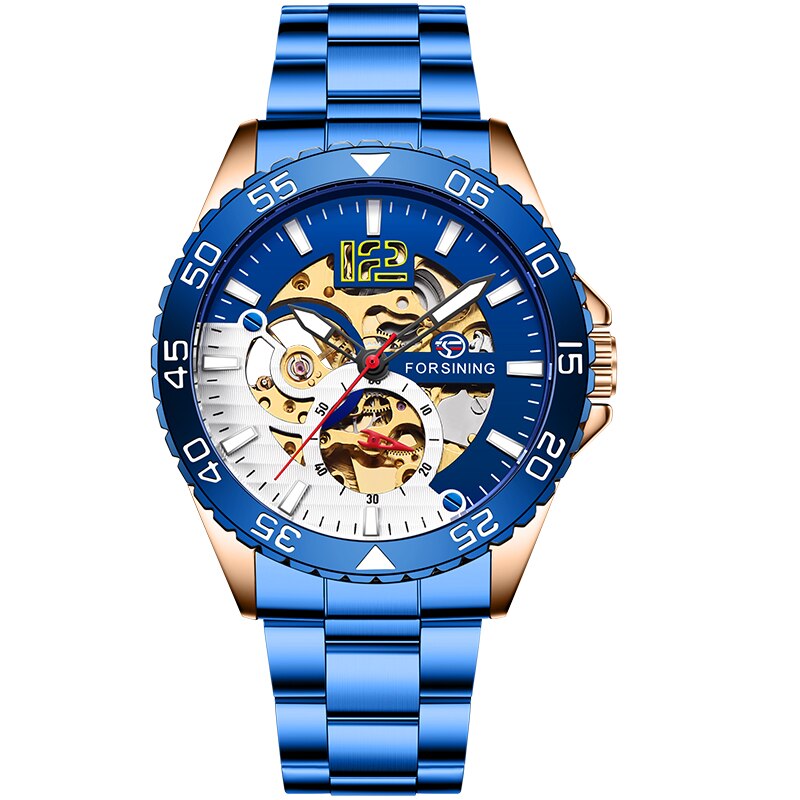 Mode Forsining Heren Sport Automatic Skeleton Horloge Blauw Rvs Mechanische Lichtgevende Waterdichte Horloges: blue