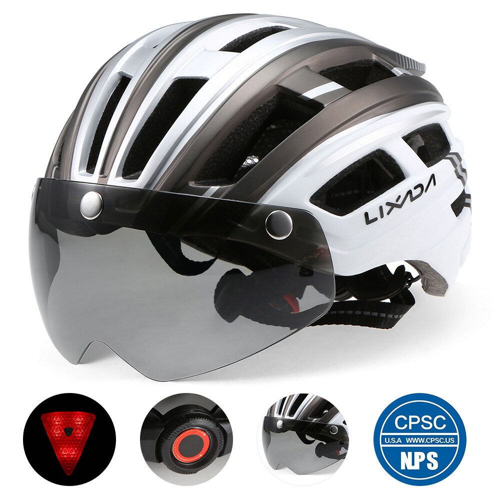 Lixada mountainbikehelm, motorhelm met achterlicht, afneembaar magnetisch vizier, uv-beschermend voor mannen en vrouwen.: Zilver en grijs