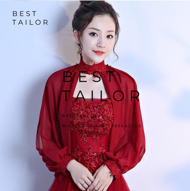 Kleuren beschikbaar! ivoor chiffon bruidsjassen bolero bruidsmeisjesjurken hoge hals split lange mouwen bruiloft accessoires: Bordeauxrood