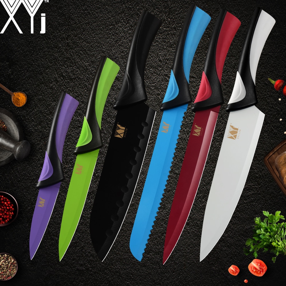 Xyj 6 stk rustfritt stål knivsett 8 '' 7 '' 5 '' 3.5 '' fargerikt skarpt tynt blad komfortabelt håndtak kniver matlaging kjøkken dingser